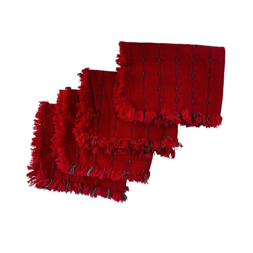 Set Of 4 Handmade Woven Red Placemats & Napkins Fringe Edges & Green Accent